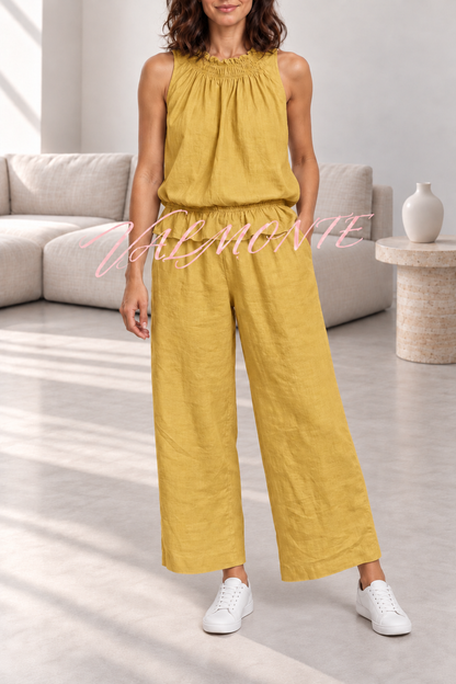 VALMONTE — Conjunto de mezcla de lino con top de volantes y pantalón ancho — amarillo — vista frontal