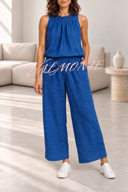 VALMONTE — Conjunto de mezcla de lino con top de volantes y pantalón ancho — azul — vista frontal