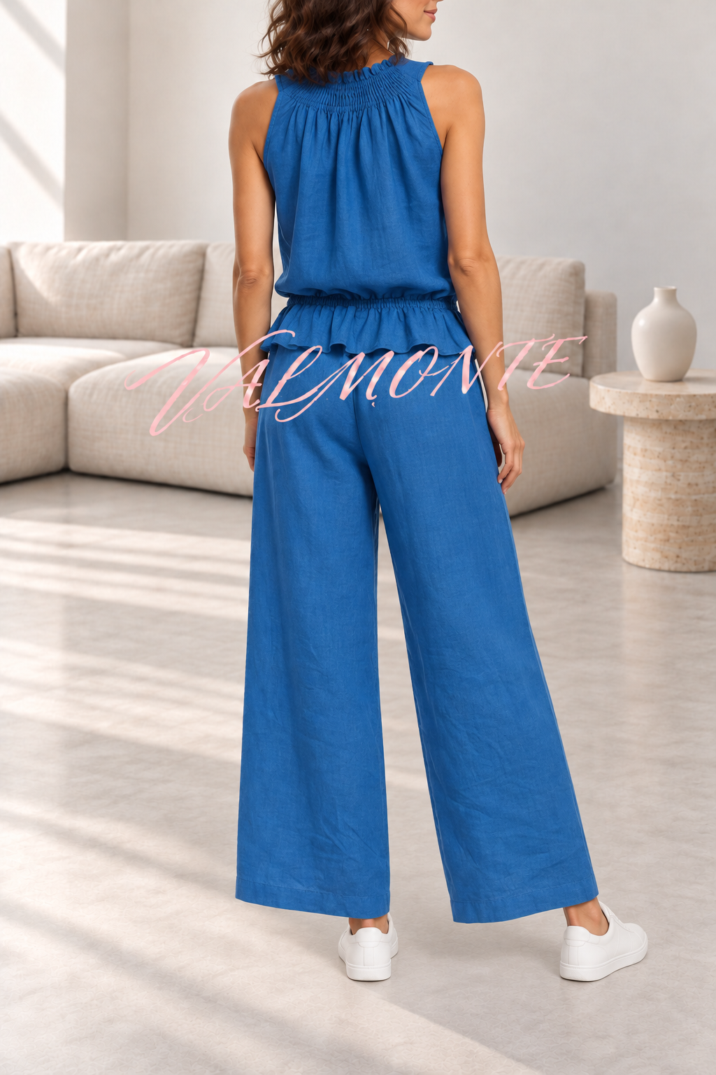 VALMONTE — Conjunto de mezcla de lino con top de volantes y pantalón ancho — azul — vista trasera