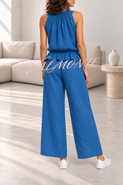 VALMONTE — Conjunto de mezcla de lino con top de volantes y pantalón ancho — azul — vista trasera