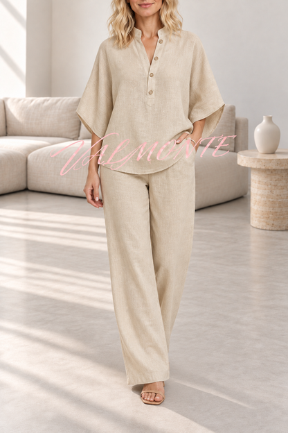 VALMONTE — Conjunto de mezcla de lino con blusa abotonada y pantalón holgado — beige — vista frontal