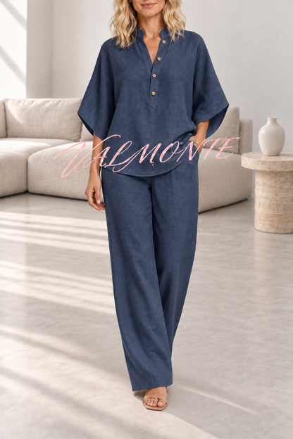 VALMONTE — Conjunto de mezcla de lino con blusa abotonada y pantalón holgado — azul oscuro — vista frontal