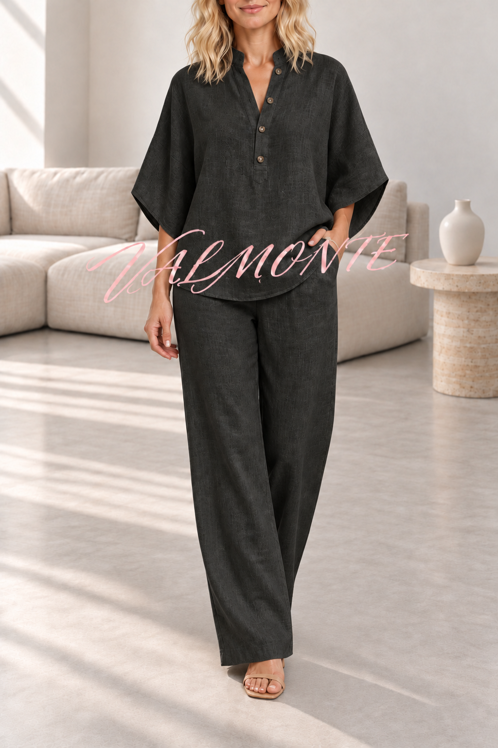 VALMONTE — Conjunto de mezcla de lino con blusa abotonada y pantalón holgado — negro — vista frontal