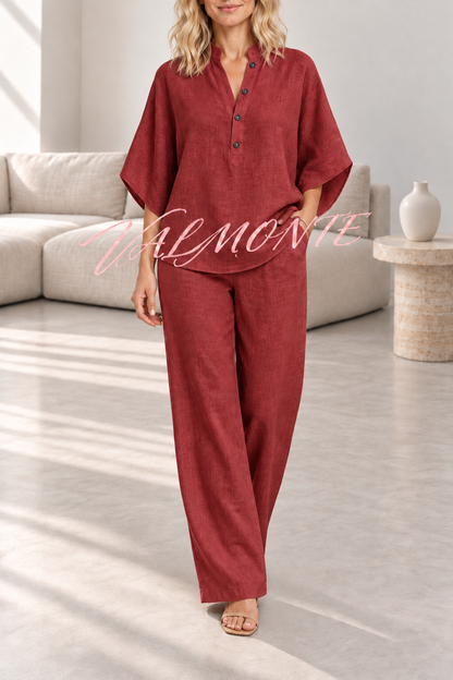 VALMONTE — Conjunto de mezcla de lino con blusa abotonada y pantalón holgado — burdeos — vista frontal