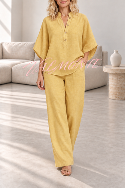 VALMONTE — Conjunto de mezcla de lino con blusa abotonada y pantalón holgado — amarillo — vista frontal