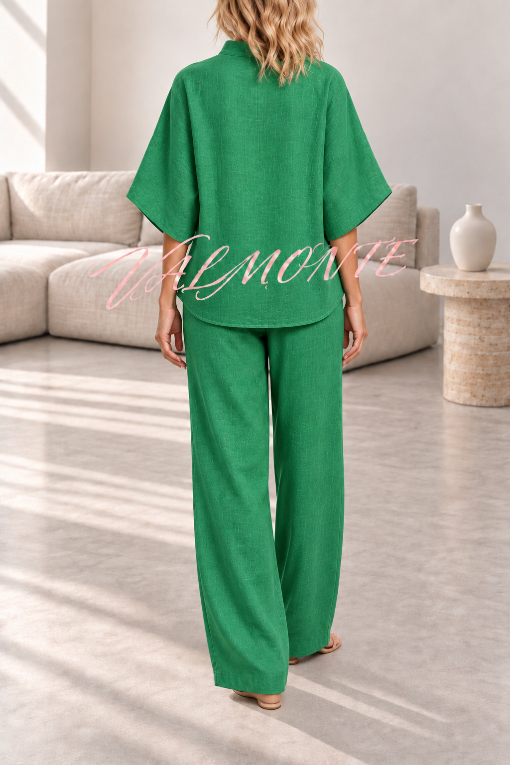 Conjunto de mezcla de lino con blusa abotonada y pantalón holgado