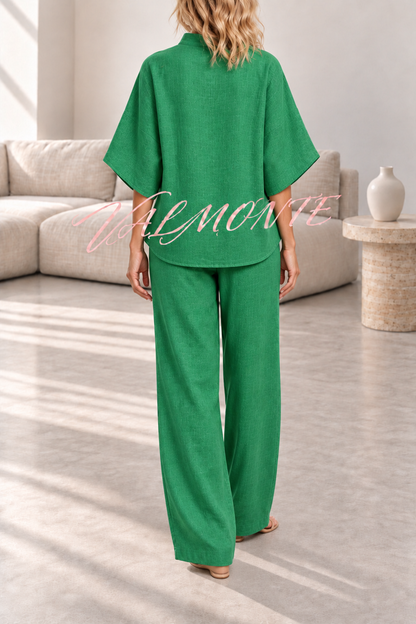 Conjunto de mezcla de lino con blusa abotonada y pantalón holgado