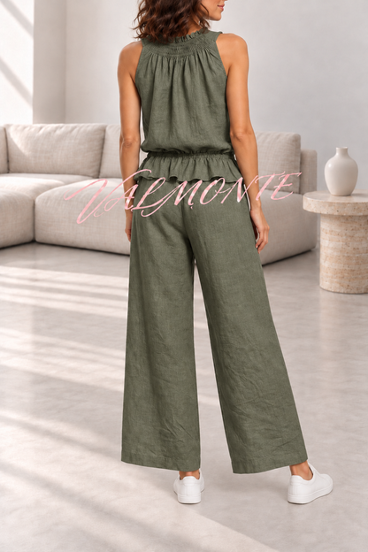 Conjunto de mezcla de lino con top de volantes y pantalón ancho