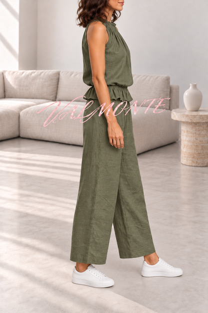 Conjunto de mezcla de lino con top de volantes y pantalón ancho